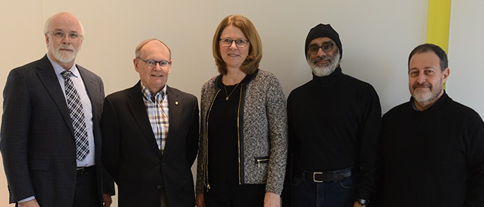 Dean Michael Strong, Dr. T. Freeman, Ruta Valaitis PhD, Dr. Amardeep Thind, Dr. Merrick Zwarenstein at Feb 11 event: Enhancing Collaboration Between Primary Care and Public Health